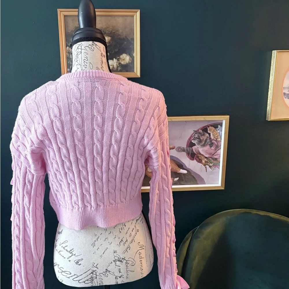 Hot Topic Light Pink Cable Knit Cardigan with Ribbon Accents - Picture 3 of 8